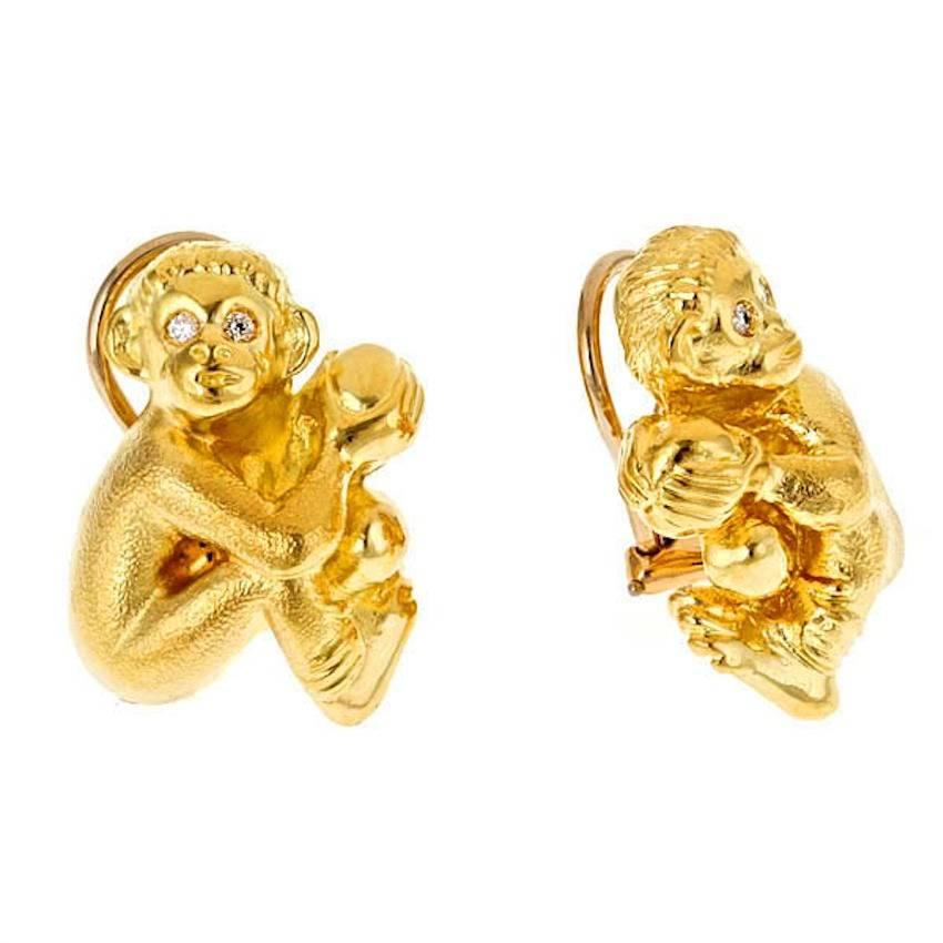 Diamond 18 Karat Yellow Gold MONKEY BABY Earrings by John Landrum Bryant For Sale