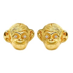 Diamond Eyes 18k Yellow Gold Monkey Head Earrings by John Landrum Bryant