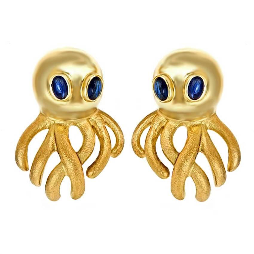 Sapphire Eyes 18 Karat Gold Octopus Earrings by John Landrum Bryant For Sale