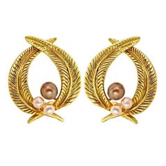 Brown and White Pearl 18 Karat Gold Palm Leaf Earrings by John Landrum Bryant