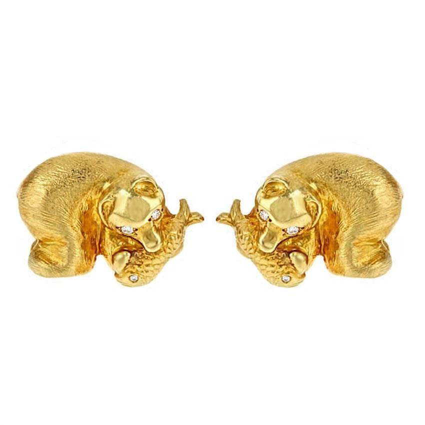Diamond 18 Karat Yellow Gold Polar Bear Earrings by John Landrum Bryant