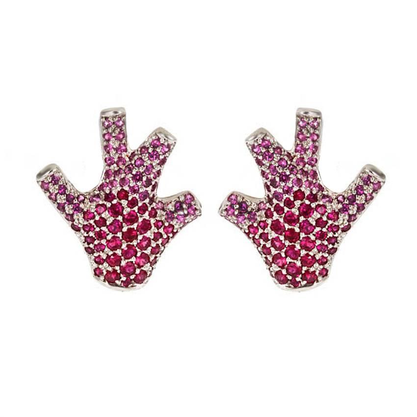 Pink Rubies 18k White Gold STAGHORN Coral Earrings by John Landrum Bryant For Sale
