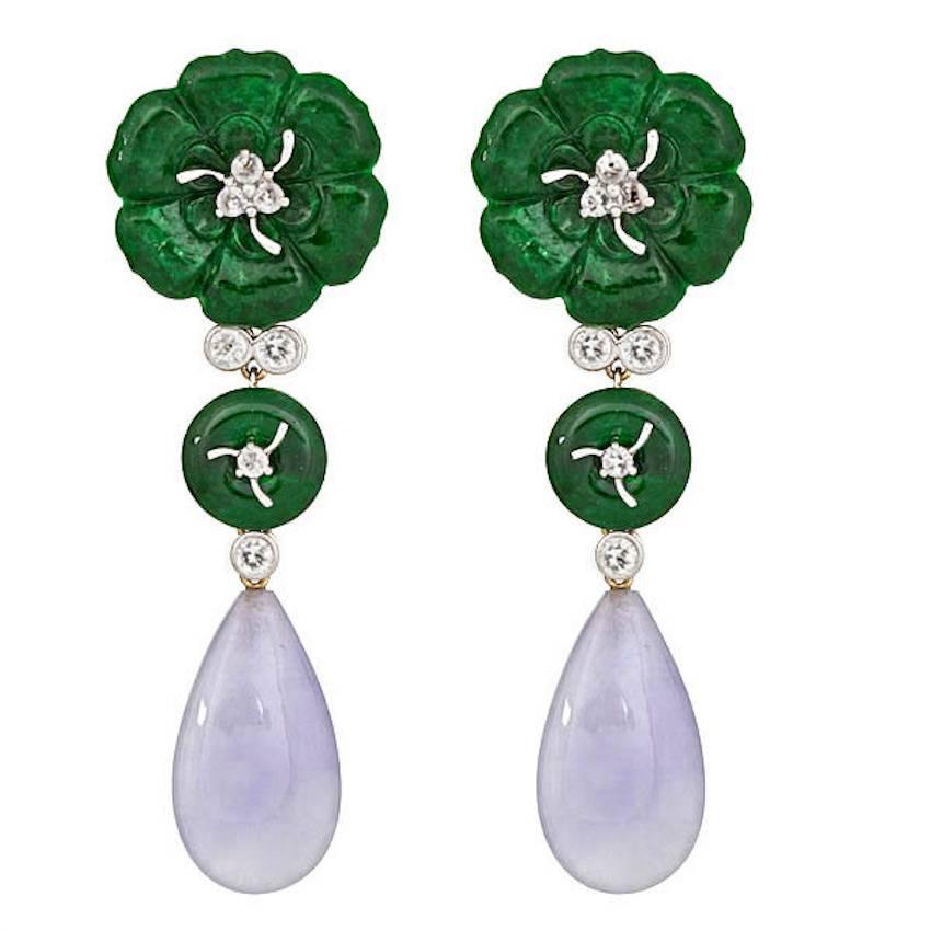 Diamond 18 Karat White Gold Three Jade Earrings by John Landrum Bryant For Sale