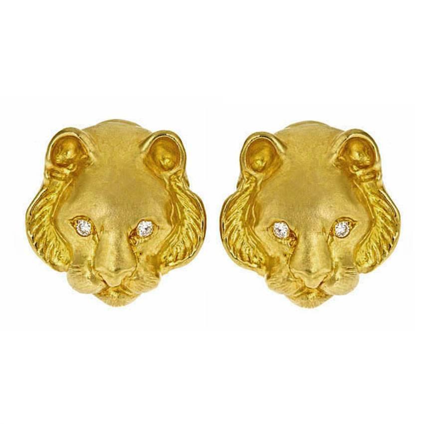 Diamond Eyes 18 Karat Yellow Gold Tiger Head Earrings by John Landrum Bryant