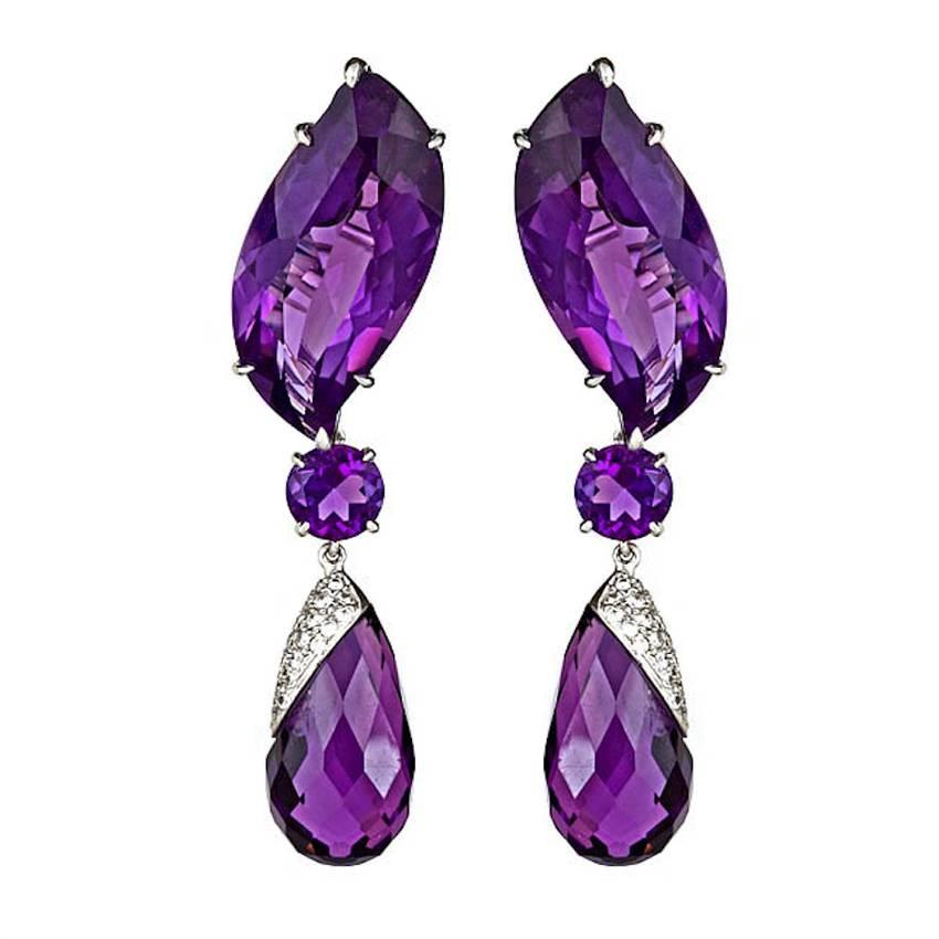 Amethyst 18 Karat White Gold Waterfall Earrings by John Landrum Bryant For Sale