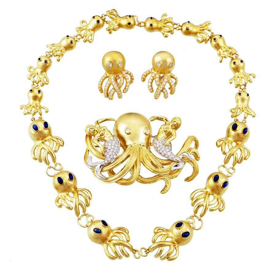 Diamond and Sapphire 18 Karat Gold OCTOPUS Necklace, Brooch, and Earrings Set For Sale