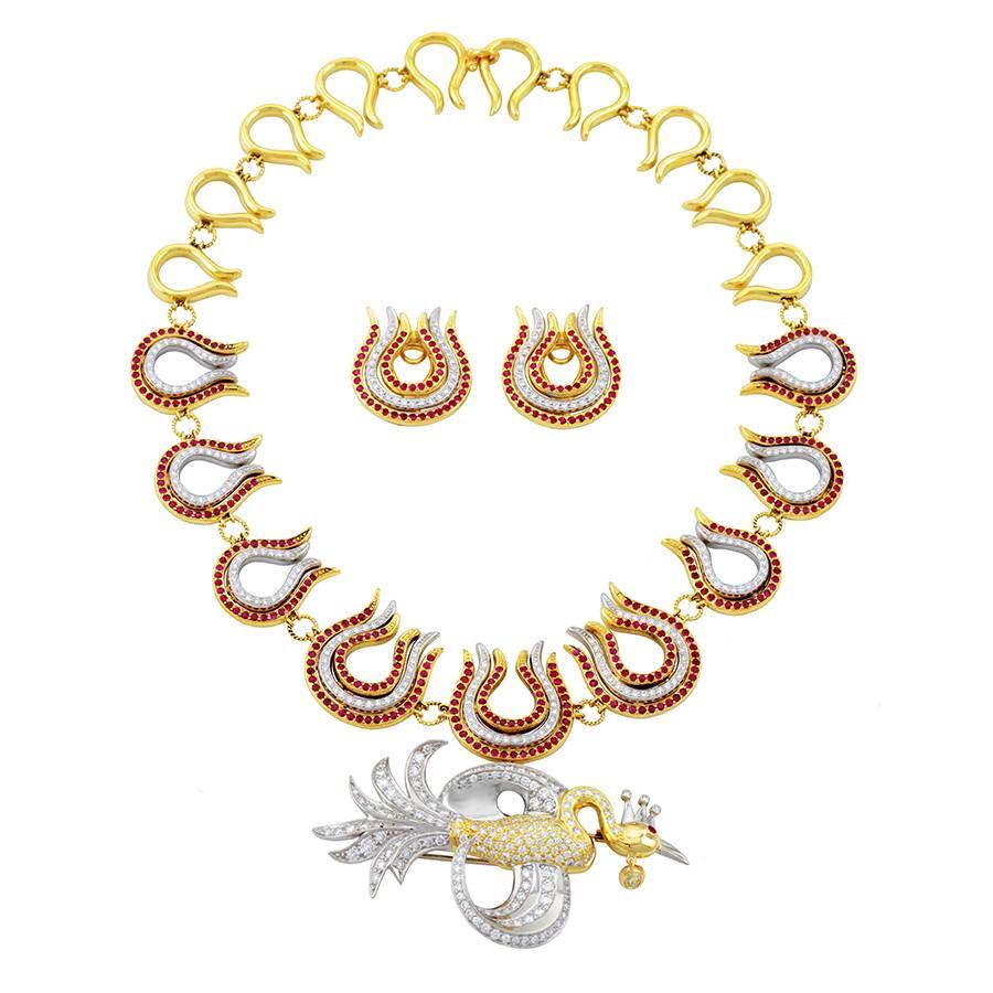 White Diamond and Ruby 18k FIREBIRD AND FLAMES Necklace Brooch and Earrings Set For Sale