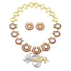 White Diamond and Ruby 18k FIREBIRD AND FLAMES Necklace Brooch and Earrings Set