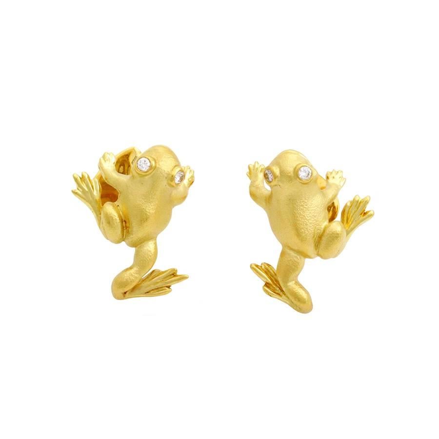 Diamond Eyes 18k Yellow Gold STRIDING FROG Cufflinks by John Landrum Bryant In New Condition In New York, NY