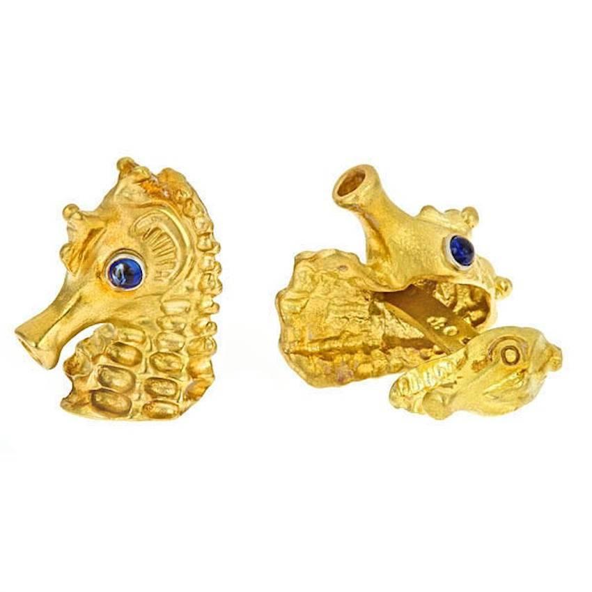 Contemporary Sapphire Eyes 18 Karat Gold Seahorse Cufflinks by John Landrum Bryant