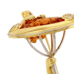 Citrine White Diamond 18k Gold MONKEY WITH PARASOL Brooch by John Landrum Bryant