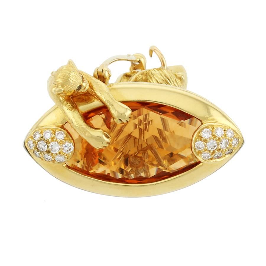 Contemporary Citrine White Diamond 18k Gold MONKEY WITH PARASOL Brooch by John Landrum Bryant For Sale