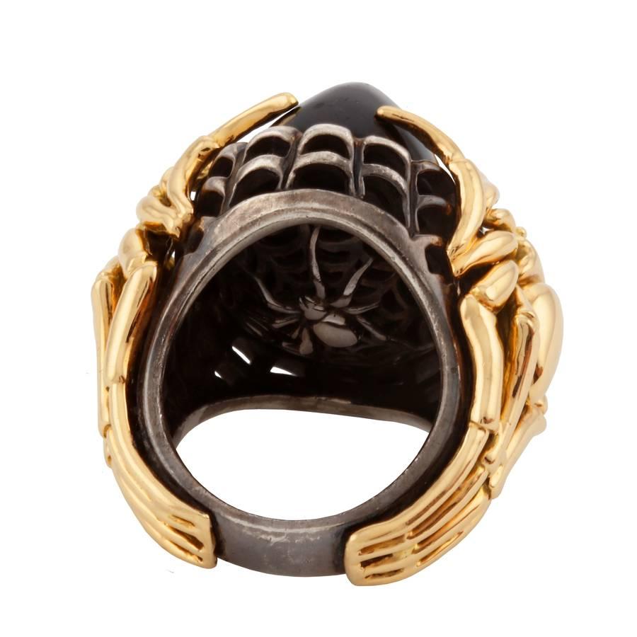 Contemporary Oval Cabochon Onyx and Silver with Gold LARGE SPIDER Ring by John Landrum Bryant For Sale