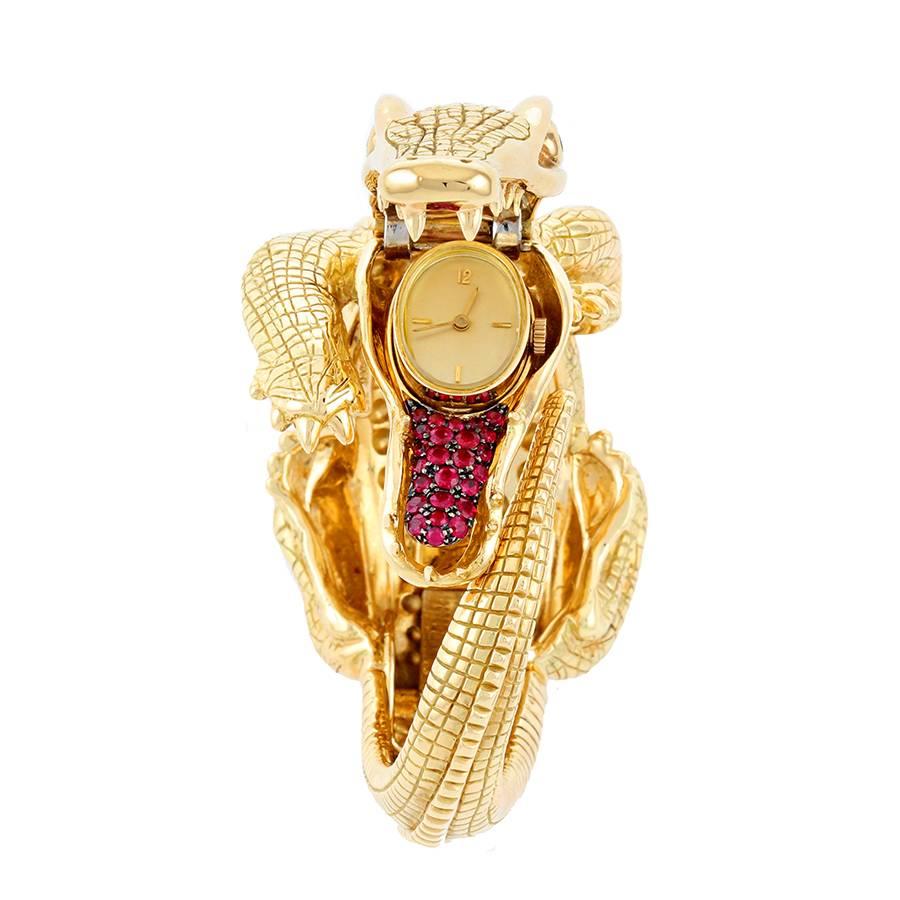 Contemporary Diamond Ruby Yellow Gold Alligator Bracelet Quartz Watch by John Landrum Bryant