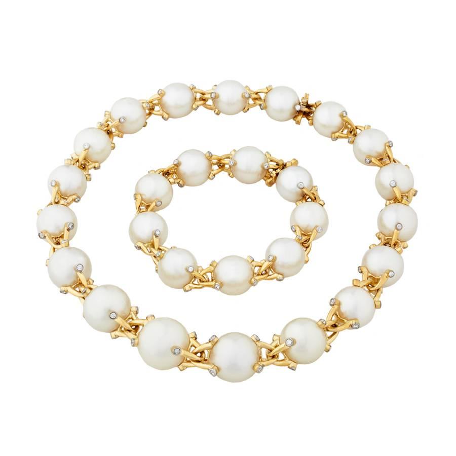 18k. South Sea Pearl Necklace. Diamonds. Rondels. This piece was made in Manhattan entirely by hand, and was cast, one at a time, using the lost wax process. Prince John Landrum Bryant Created and Designed this piece and Supervised its