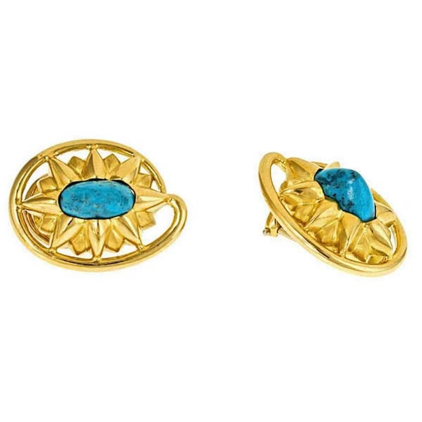 Contemporary Turquoise 18 Karat Gold Alligator Turtle Earrings by John Landrum Bryant For Sale
