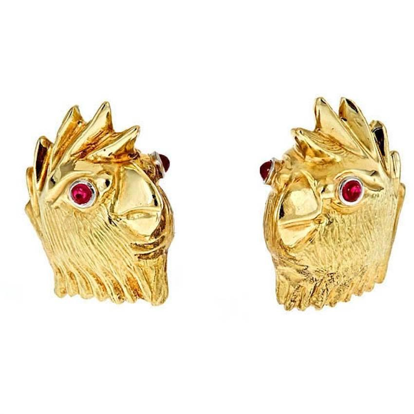 Contemporary Ruby Eyes 18 Karat Yellow Gold COCKATOO Earrings by John Landrum Bryant For Sale