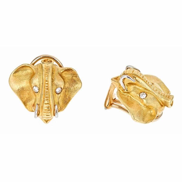 Contemporary Diamond Platinum 18k Yellow Gold Elephant Head Earrings by John Landrum Bryant