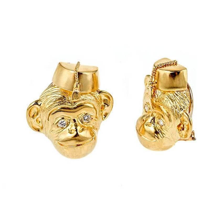 Contemporary Diamond Eyes 18k Yellow Gold MONKEY IN A HAT Earrings by John Landrum Bryant For Sale