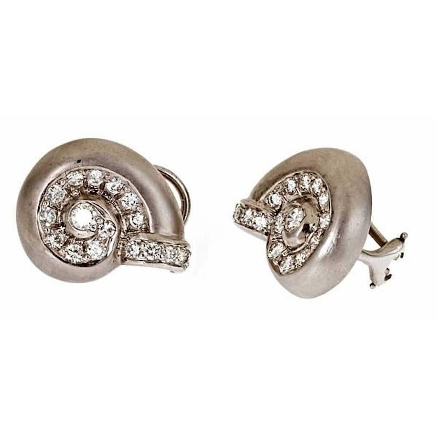 Contemporary Diamond Platinum NAUTILUS SHELL Earrings by John Landrum Bryant For Sale