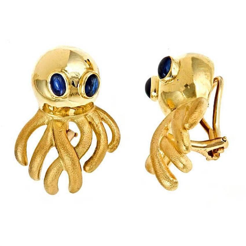 Contemporary Sapphire Eyes 18 Karat Gold Octopus Earrings by John Landrum Bryant For Sale