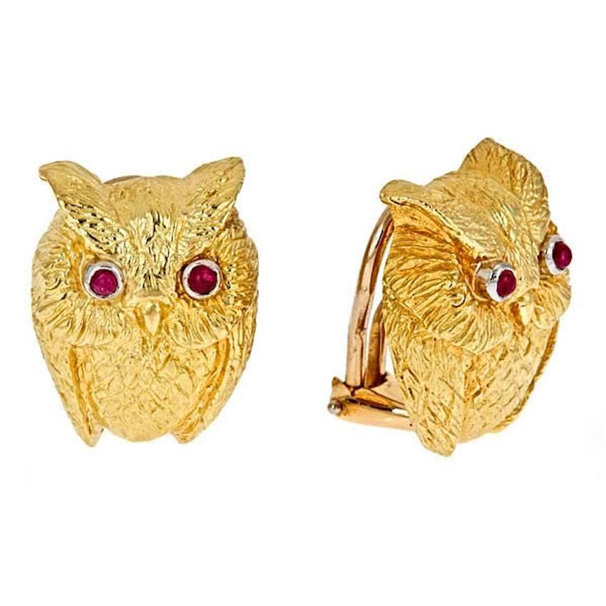 Contemporary Ruby Eyes 18 Karat Yellow Gold and Platinum Owl Earrings by John Landrum Bryant