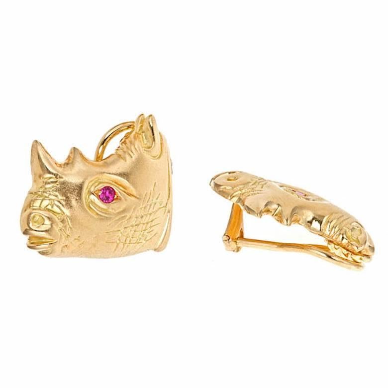 Ruby Eyes 18 Karat Gold RHINOCERAS Earrings by John Landrum Bryant In New Condition For Sale In New York, NY