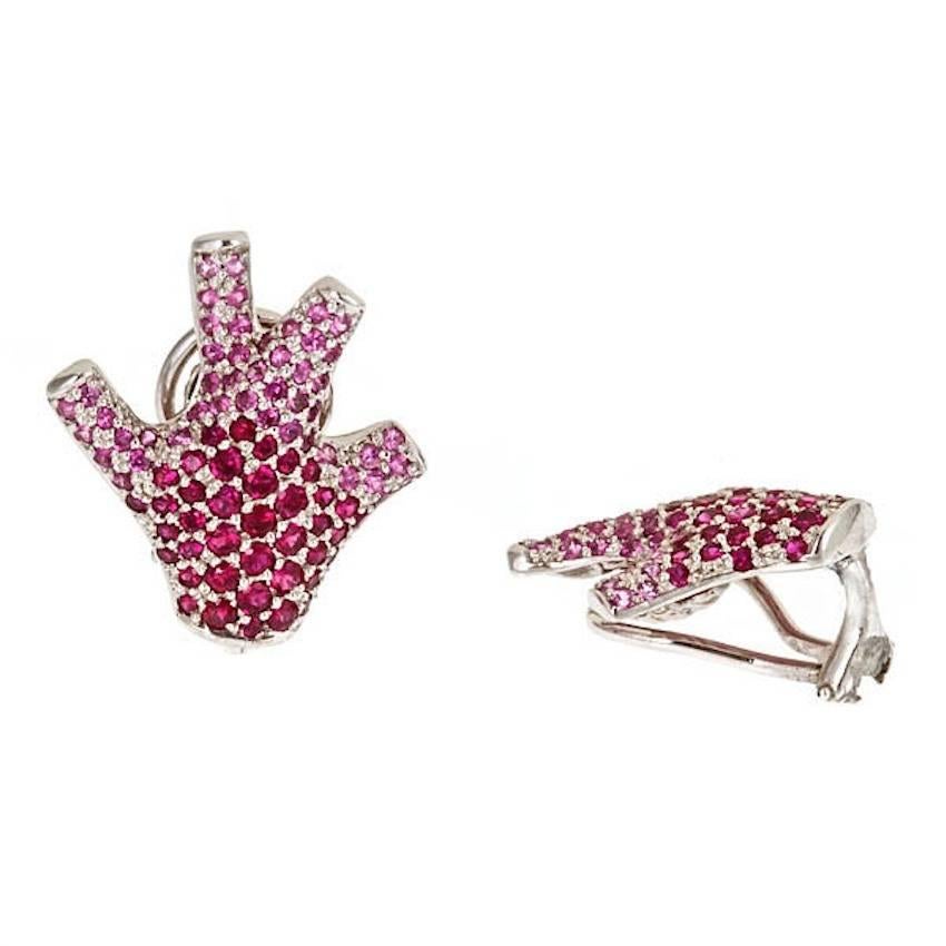 Contemporary Pink Rubies 18k White Gold STAGHORN Coral Earrings by John Landrum Bryant For Sale