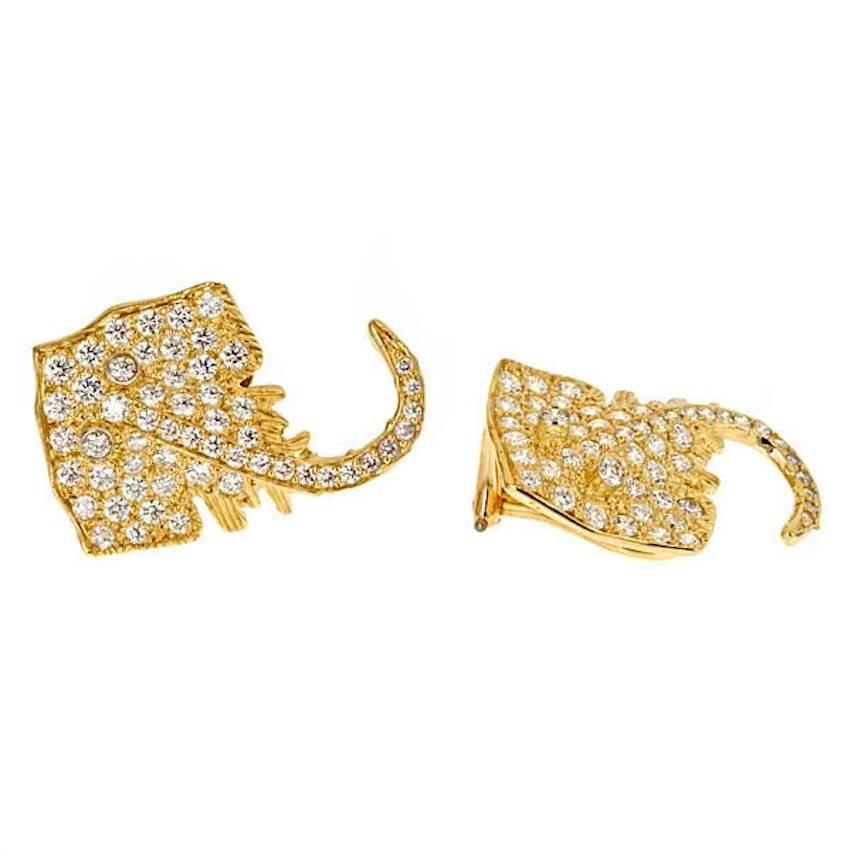 Contemporary 18 Karat Yellow White and Rose Gold Stingray Earrings by John Landrum Bryant For Sale