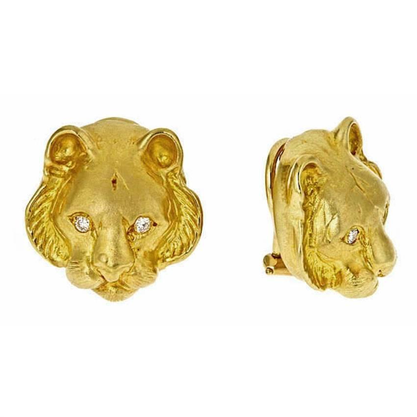 Contemporary Diamond Eyes 18 Karat Yellow Gold Tiger Head Earrings by John Landrum Bryant