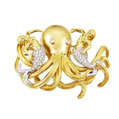 Diamond and Sapphire 18 Karat Gold OCTOPUS Necklace, Brooch, and Earrings Set
