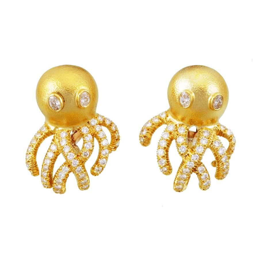 Contemporary Diamond and Sapphire 18 Karat Gold OCTOPUS Necklace, Brooch, and Earrings Set For Sale