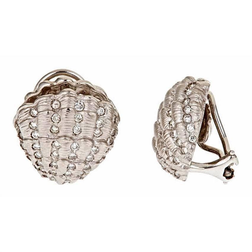Contemporary Diamond Platinum CLAM SHELL Earrings by John Landrum Bryant For Sale