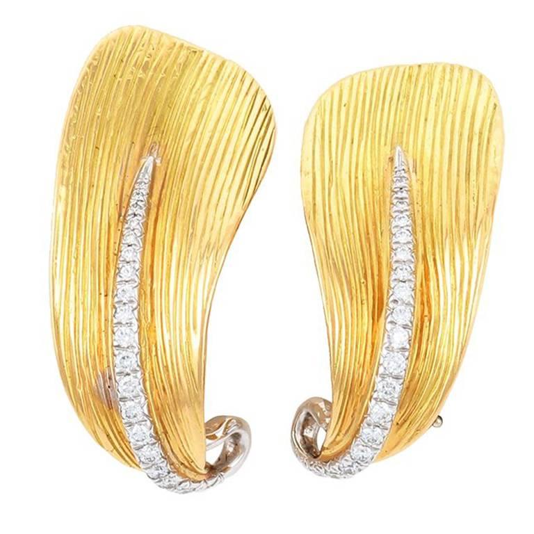 Diamond 18 Karat Yellow Gold LANGUID LEAF Earrings by John Landrum Bryant For Sale
