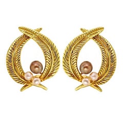 Brown and White Pearl 18 Karat Gold PALM LEAF Earrings by John Landrum Bryant