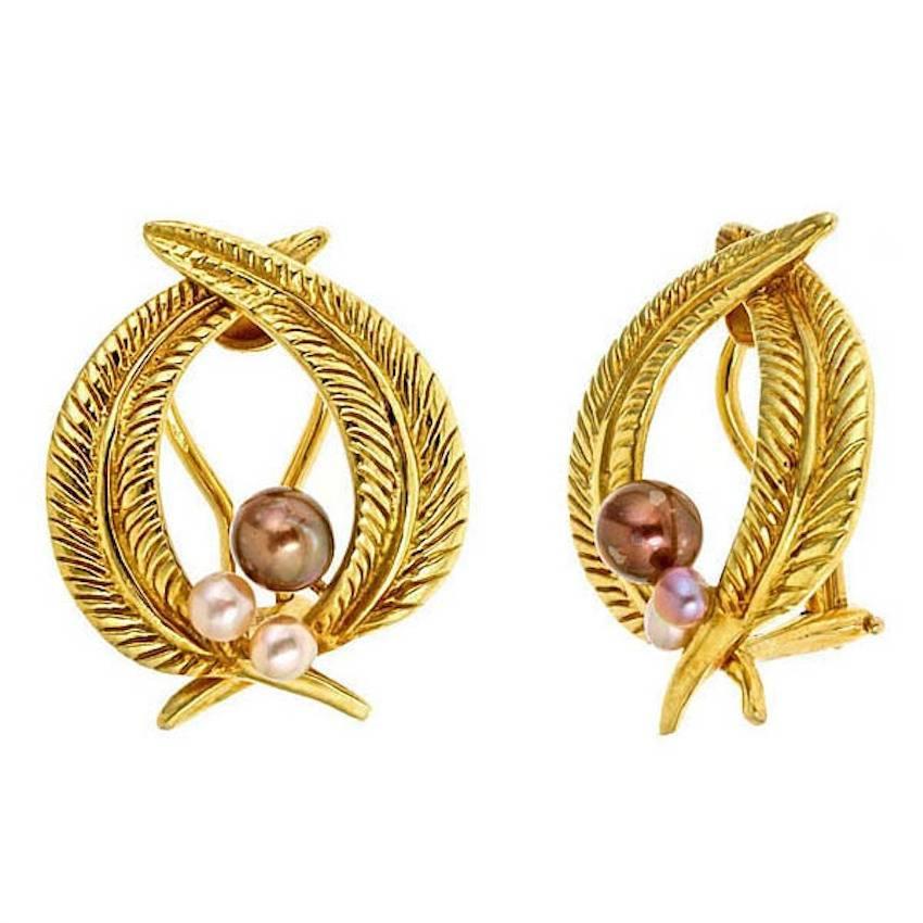Contemporary Brown and White Pearl 18 Karat Gold PALM LEAF Earrings by John Landrum Bryant For Sale