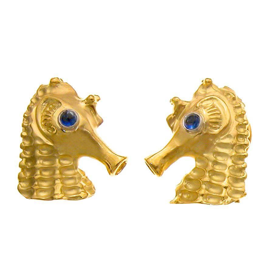 Sapphire Eyes 18 Karat Gold SEAHORSE Cufflinks by John Landrum Bryant For Sale