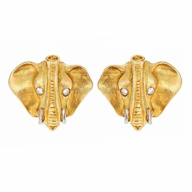 Diamond Platinum 18k Yellow Gold ELEPHANT HEAD Earrings by John Landrum Bryant