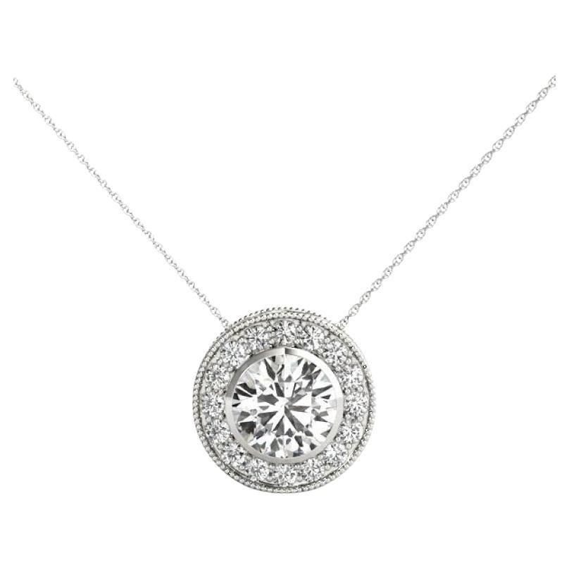 GIA Certified 2.2 Carat Round Diamond Milgrain Halo Pendant Necklace