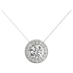 GIA Certified 2.2 Carat Round Diamond Milgrain Halo Pendant Necklace