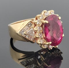 Natural Oval Rubellite Tourmaline Ring 6.90ct & 2CTW Diamonds 14K Yellow Sz 6.5