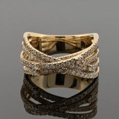 14K Yellow Gold Diamond Criss Cross Ring 0.88ctw Multi Row Pave Size 7