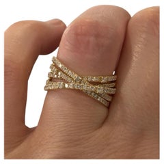 14K Yellow Gold Diamond Criss Cross Ring 0.88ctw Multi Row Pave Size 7