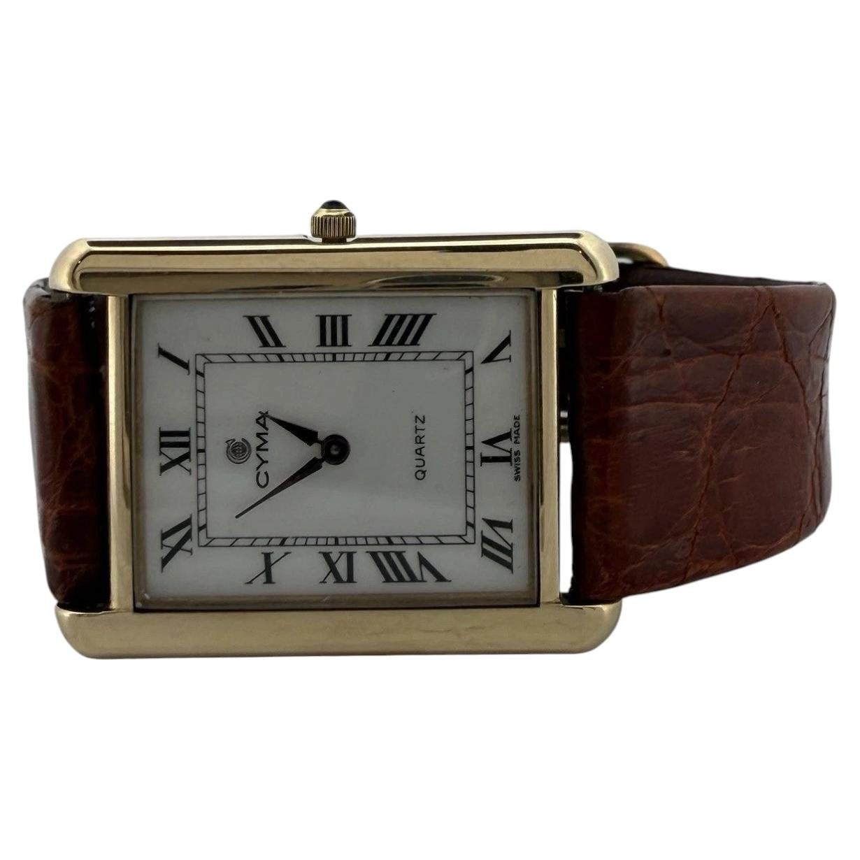 Cyma Reloj Suizo de Cuarzo Estilo Tanque Caja de Oro Amarillo de 14K Vintage Años 90 en venta