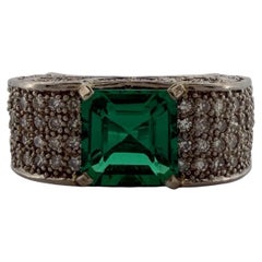 Lab Created Emerald & Diamond Ring 14K White Gold Wide Pavé Mounting 1.50CTW