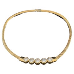 14K Yellow Gold Natural Diamond Bezel Necklace Woven Mesh Chain 18"