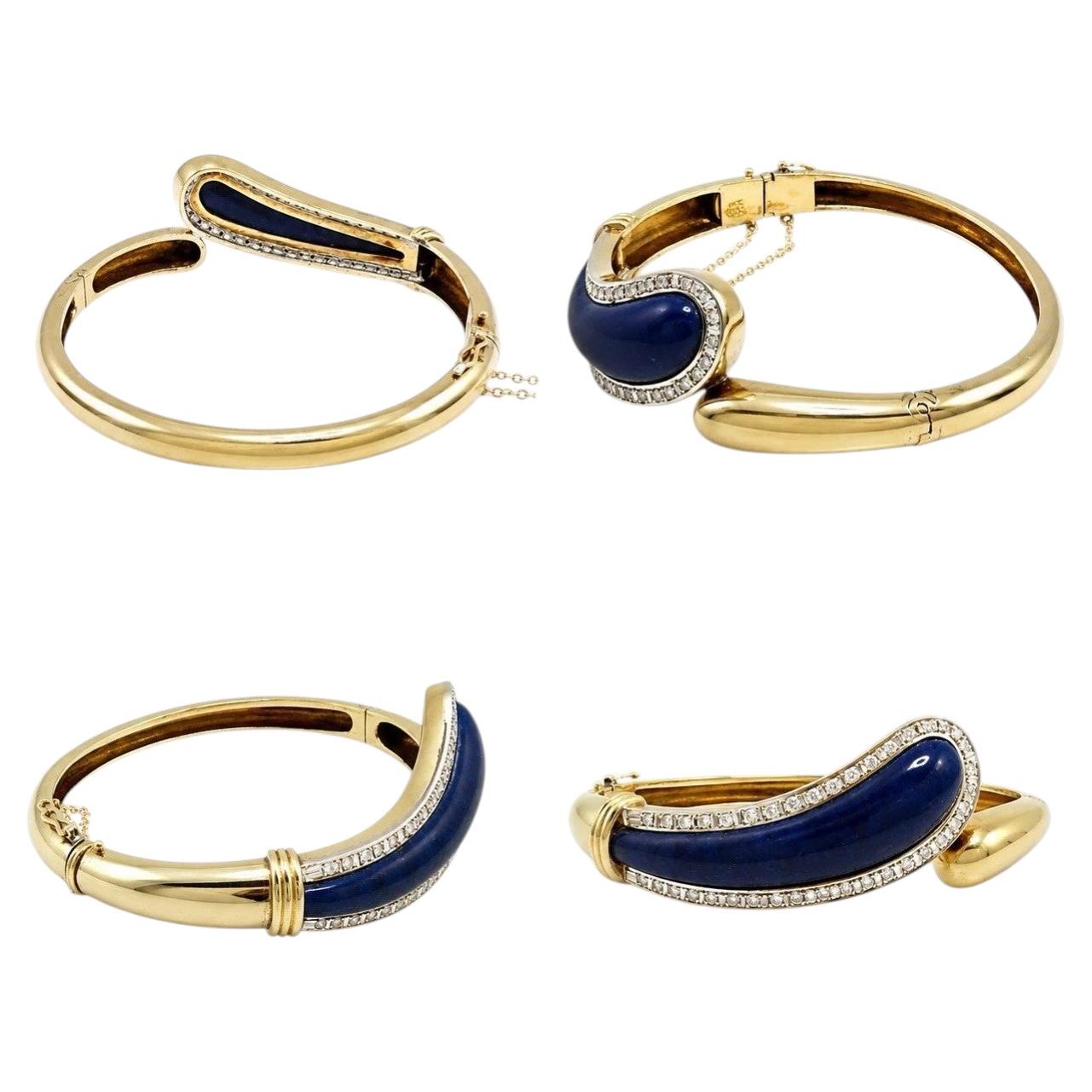 Vintage 14K Yellow Gold Lapis Lazuli Diamond Bypass Bangle Bracelet 24.33g For Sale