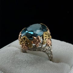 Vintage 14K Tri-Color Gold Oval Blue Spinel Floral Cocktail Ring 16x12mm Estate