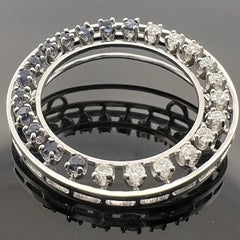 14K White Gold Natural Sapphire & Diamond Circle Pendant Brooch Estate