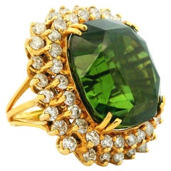 GIA Certified 62.26 Carat Natural Green Peridot & Diamond Ring in 18K Gold